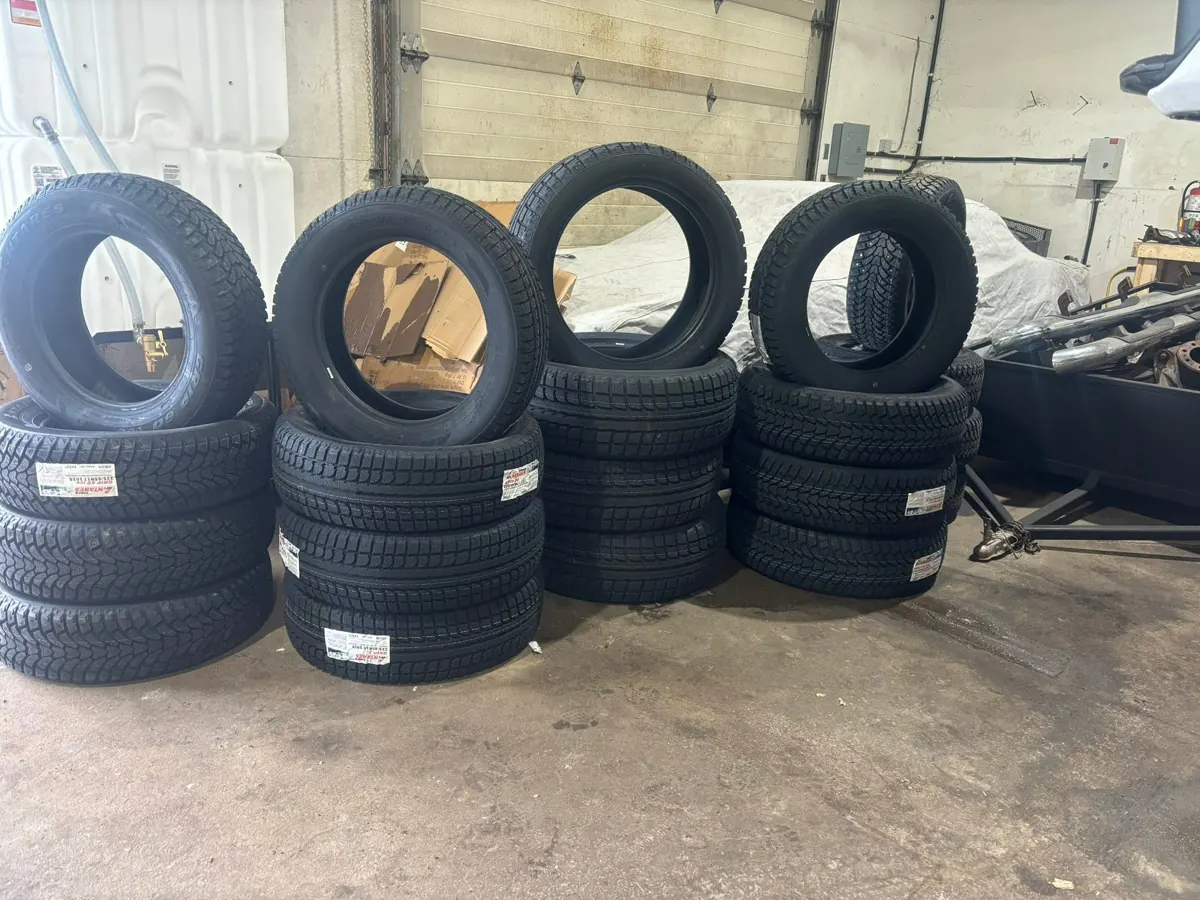 New winter tire sets stacked and ready for installation at AutoNorth in North Bay