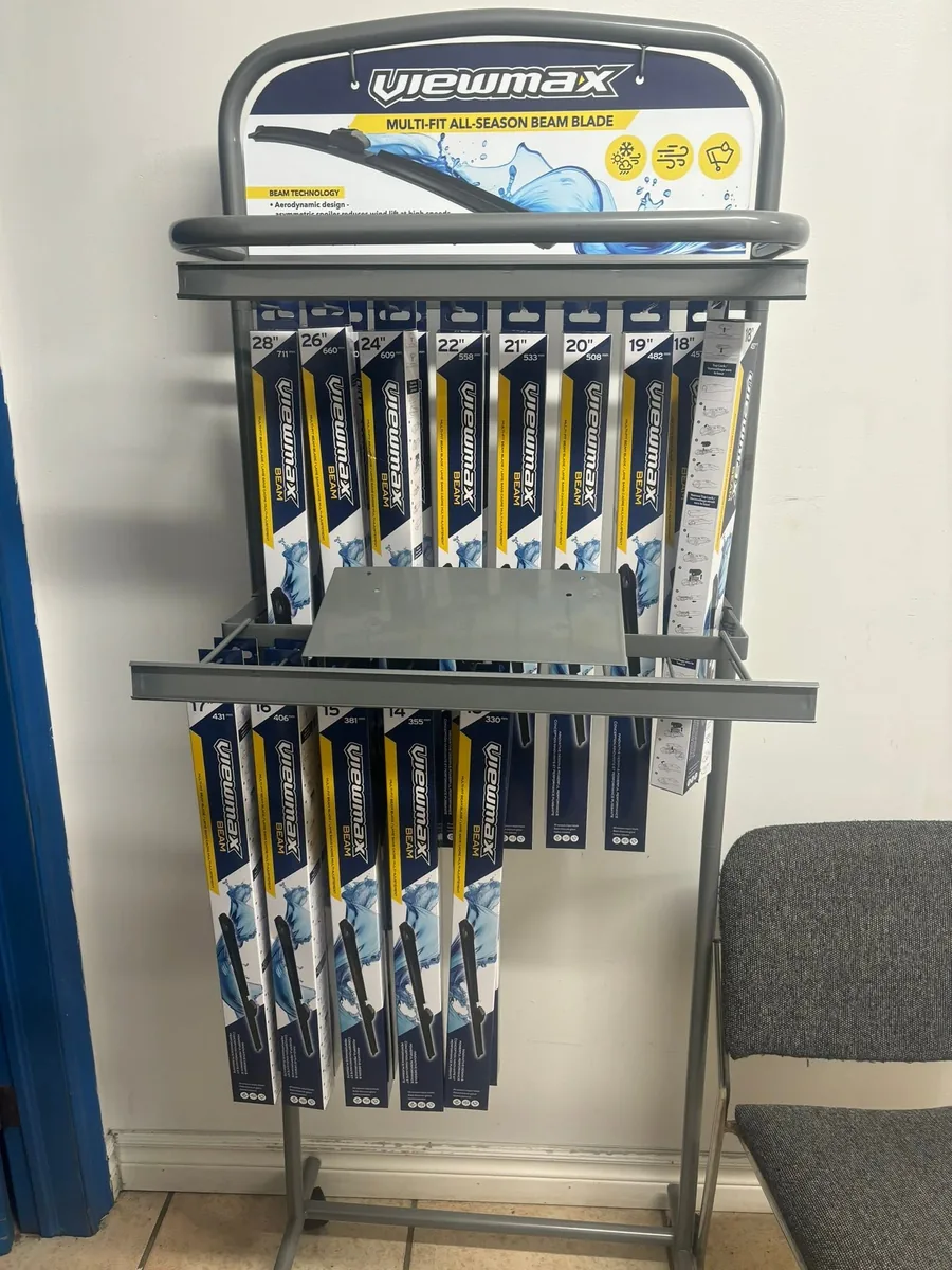 Display rack of ViewMax multi-season beam wiper blades in the customer area at AutoNorth Auto Repair in North Bay